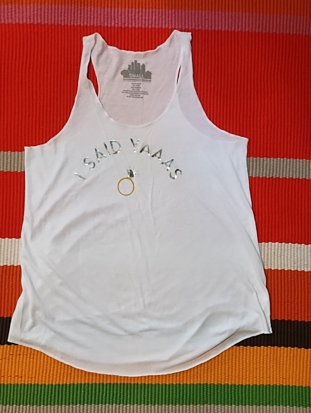 Small White Racerback Tank Top with Metallic 'I Said Yaaas' Graphic NWOT.